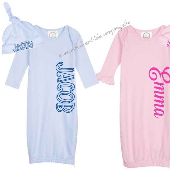 Infant Gown w/ Matching Beanie Knot Cap | Personalized | Baby Shower Gift 0-3 mo - Picture 1 of 2